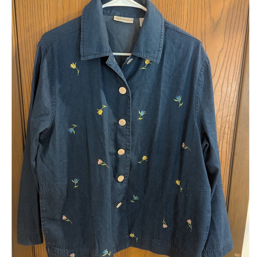 Drapers & Damons Petite Denim Shirt Jacket Embroidered Floral Cotton Pockets PL